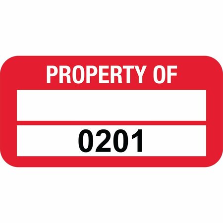 LUSTRE-CAL PROPERTY OF Label, Polyester Dark Red 1.50in x 0.75in  1 Blank Pad & Serialized 0201-0300, 100PK 253772Pe2Rd0201